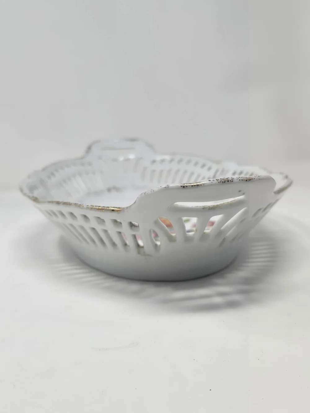 Vintage Floral Reticulated Oval Bowl Gold Trim, Pink Flowers, Made in Germany